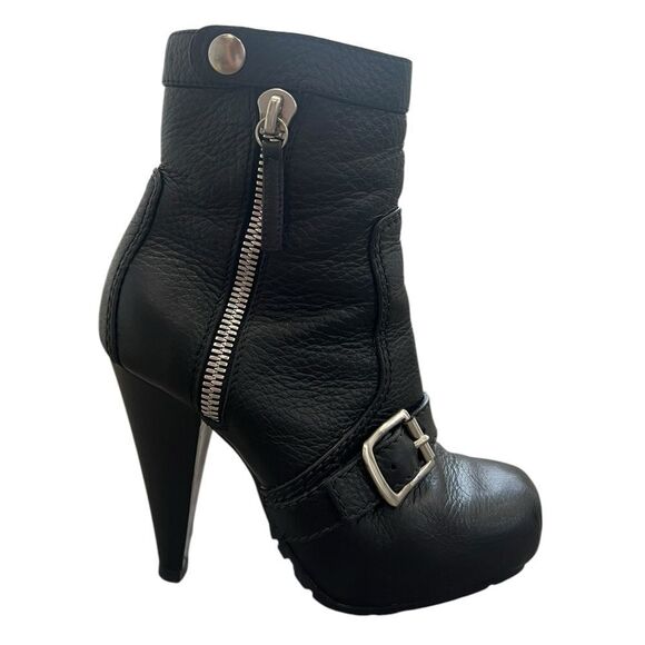 Proenza Schouler Black Leather Ankle Boots Size 35 Designer Heels Buckle & Zip - Picture 1 of 9